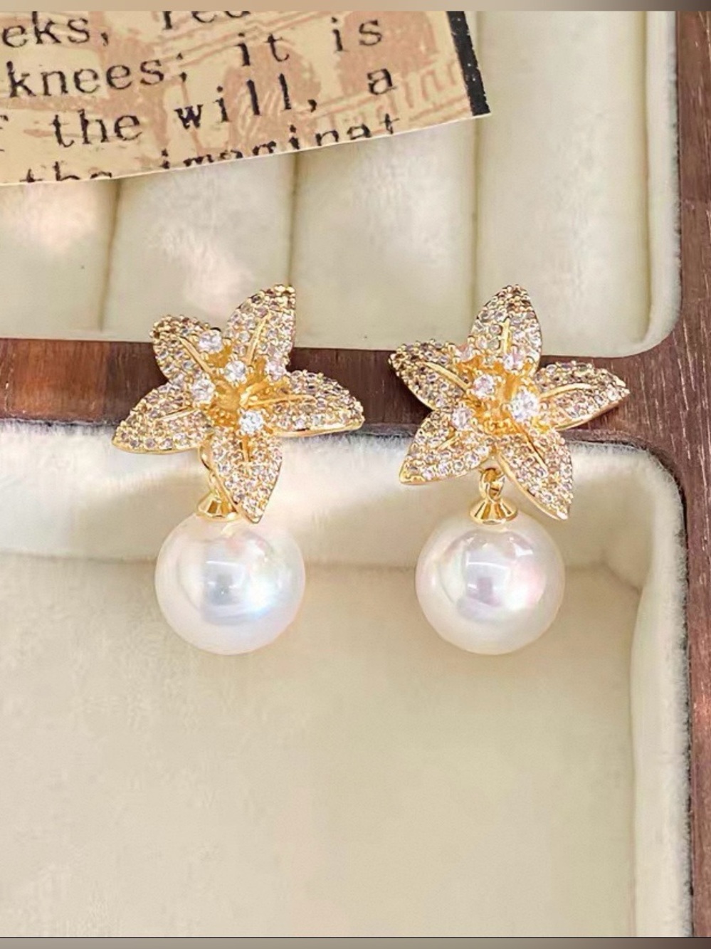 Gold Star Blossom Pearl Drop Earrings โ White Pearl